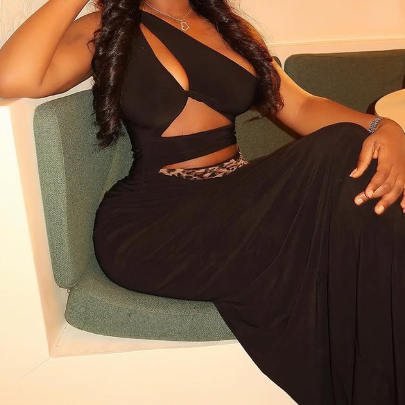 One shoulder leopard print hollow out cut out maxi dress