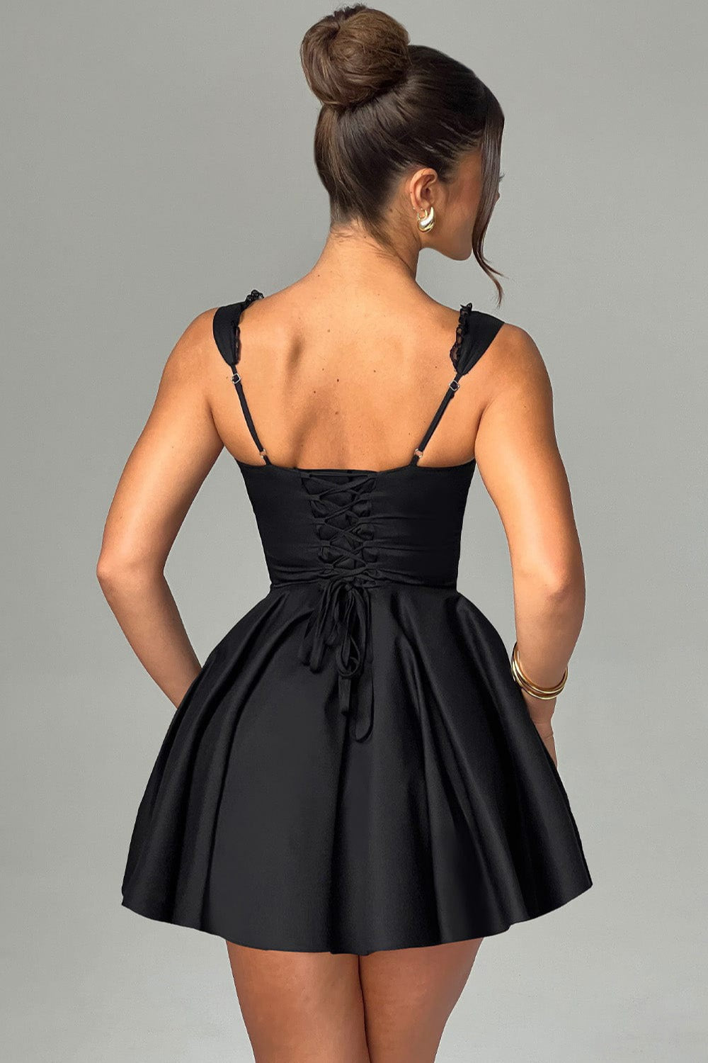 Lace Trim Square Neck Corset Bow Detail Fit and Flare Mini Dress