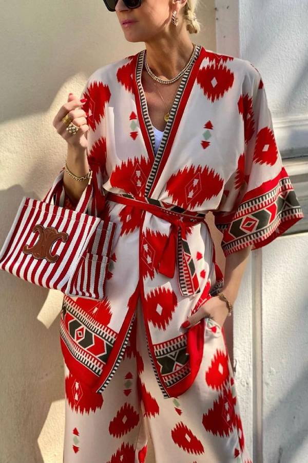 Pop of Red Ethnic Print Belted Kimono and Elastic Waist Pocket Cropped Pants Set
