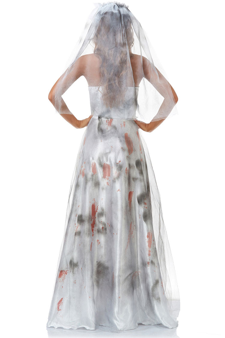 Strapless Distressed Blood Splatter Filigree Waist Tulle Overlay Maxi Dress