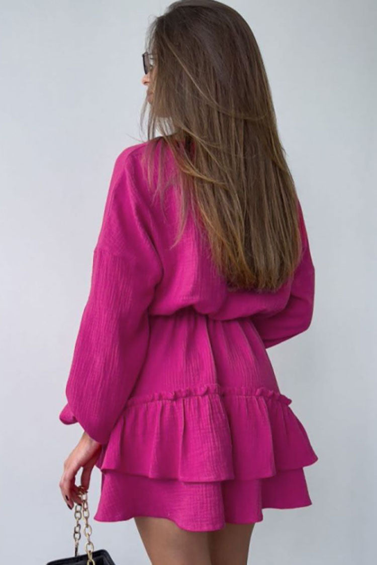 V-Neck Button Front Balloon Sleeve Tiered Ruffle Gauze Mini Dress