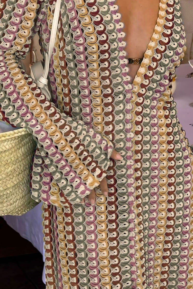 Crochet Stripe Bell Sleeve Deep V-Neck Maxi Dress