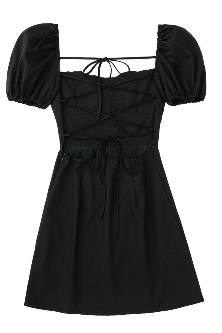 Square Neck Ruched Puff Sleeve Lace-Up Open Back Mini Dress