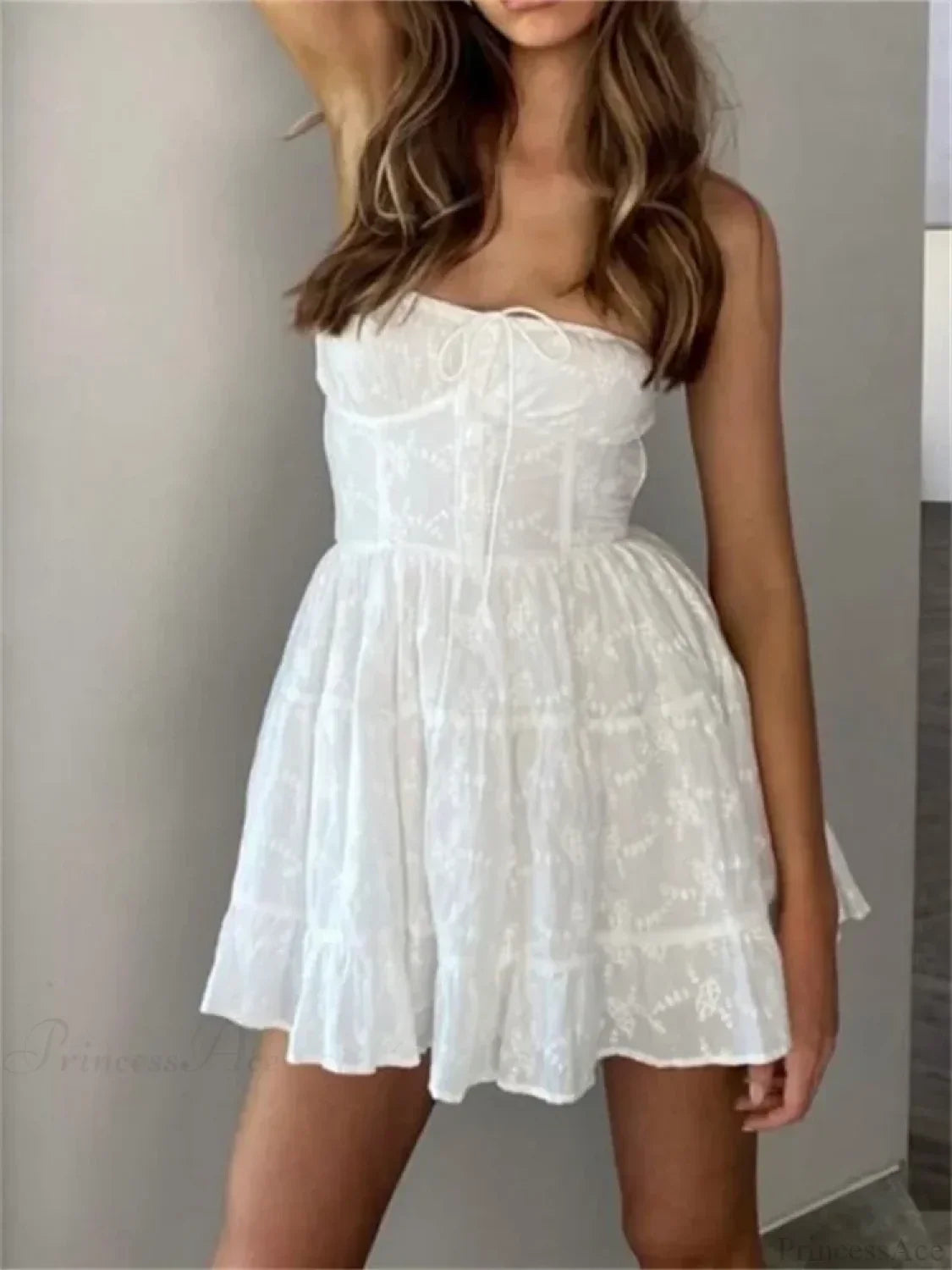 Strapless Eyelet Embroidery Button Front Tiered Ruffle Mini Dress
