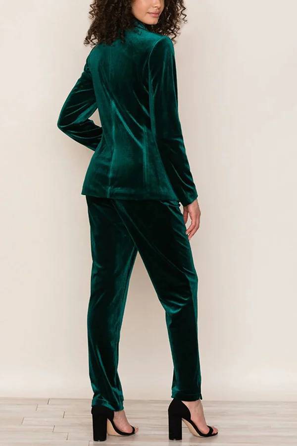 Solid Color Velvet Long-sleeve Blazer and Elastic Waist Pocket Pants Set