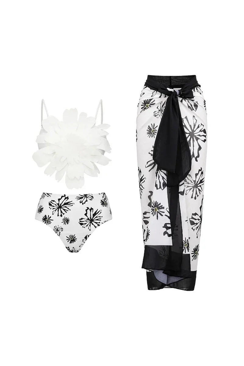 Floral Trim White Printed Bikini Set