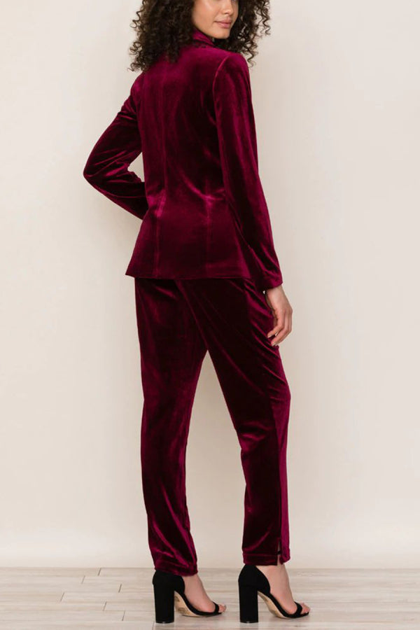 Solid Color Velvet Long-sleeve Blazer and Elastic Waist Pocket Pants Set