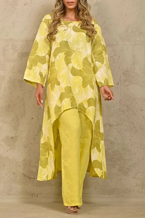 Exquisite Floral Print Crew Neck Paneled Pant Suit