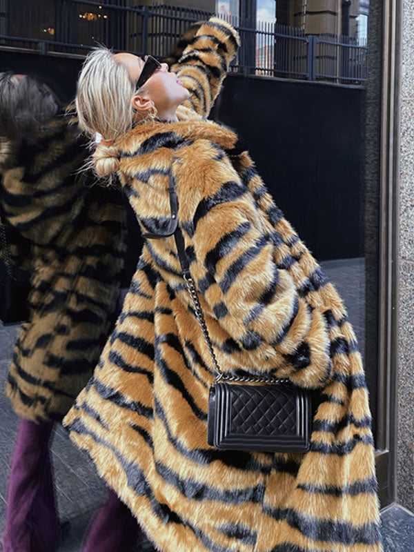 Faux Fur Coat Tiger Print Winter Midi Eco-friendly Fur Coat For Women 2026