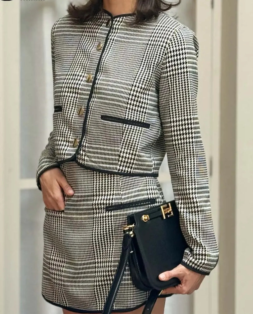 Black Print O-Neck Pockets Mini Office Two Piece Set