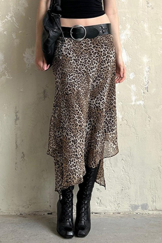 Leopard Print Double-Layer Tulle Asymmetrical Skirt