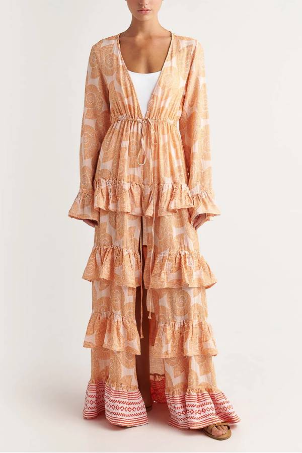 Soleil Conch Print Drawstring Waist Tiered Ruffles Cover-up Maxi Dress