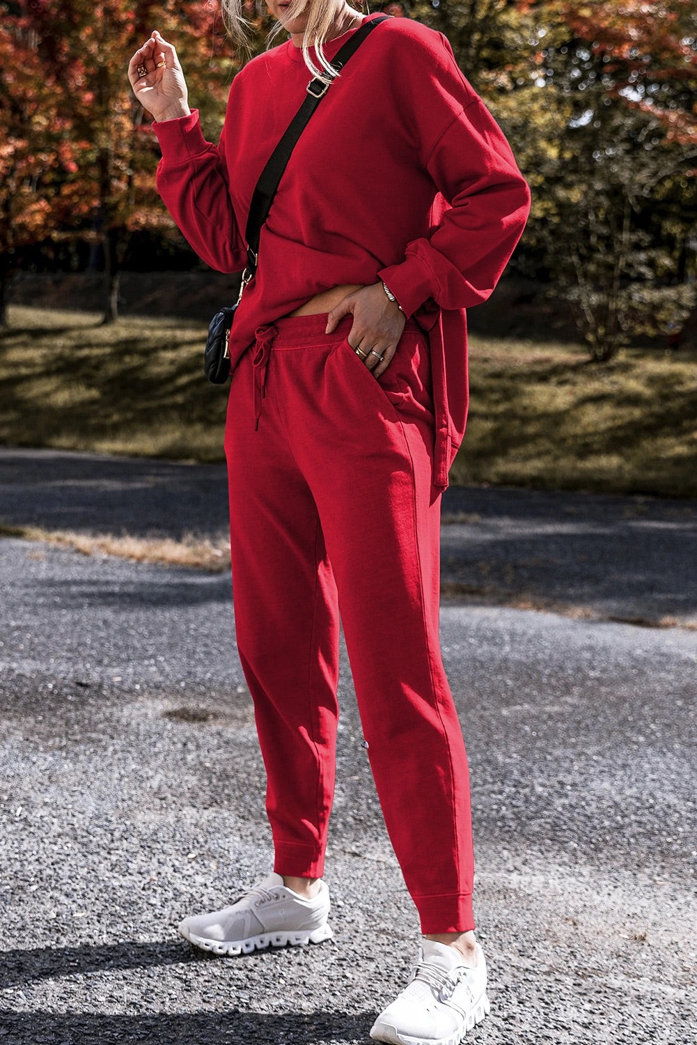 Racing Red Solid Color High Low Pullover and Pants Set