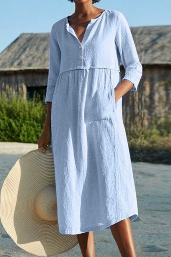 Round neck button pocket cotton and linen sleeves solid color dress