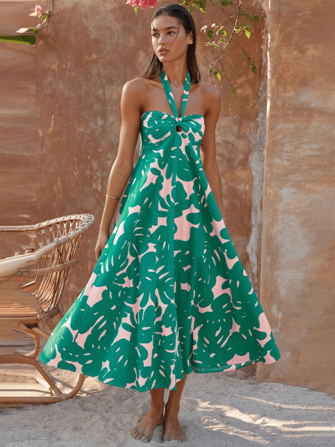 Tropical Leaf Print Halter Neck Gathered Bodice Midi Dress