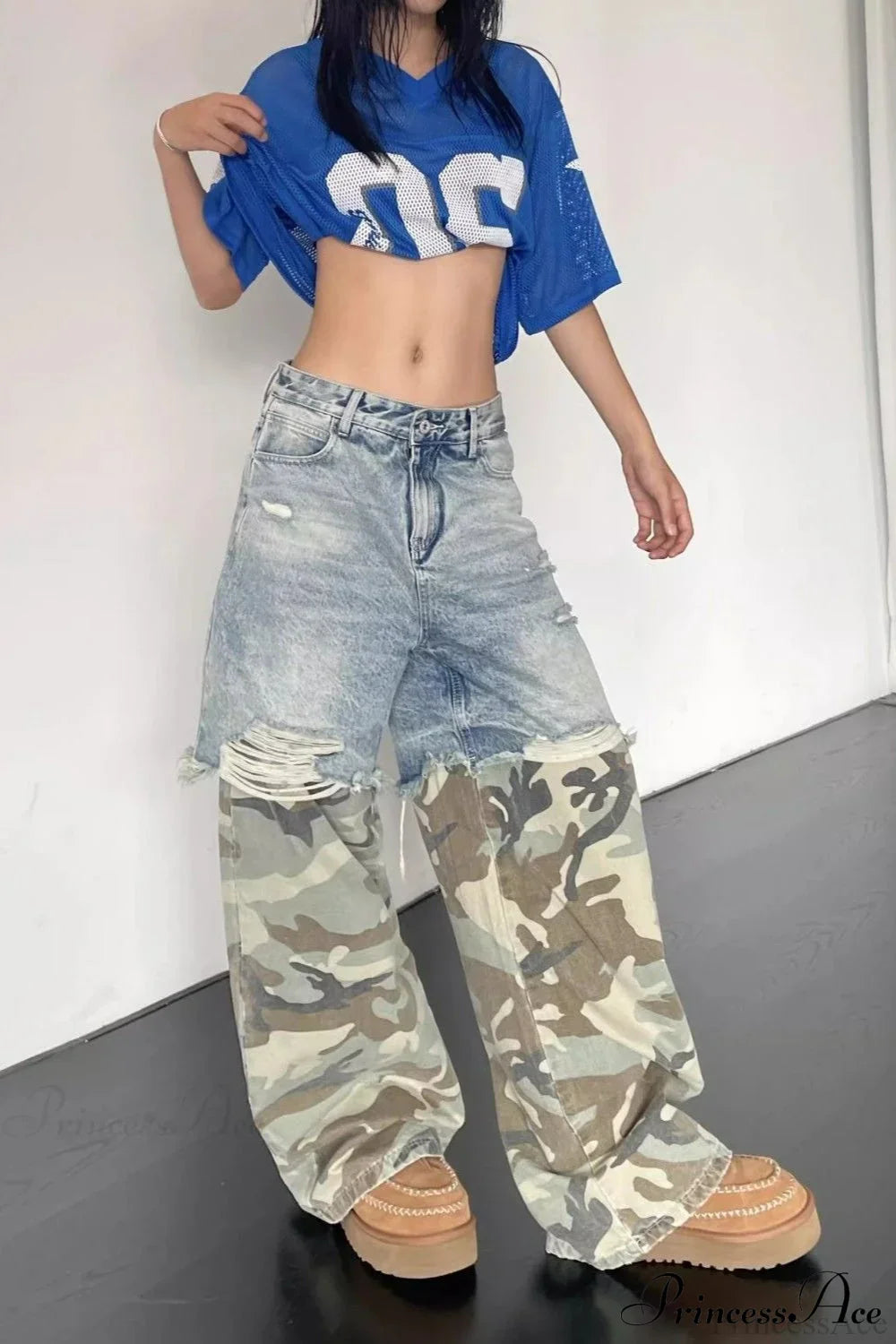 Camouflage Print Patchwork Loose Fit Streetwear Jeans