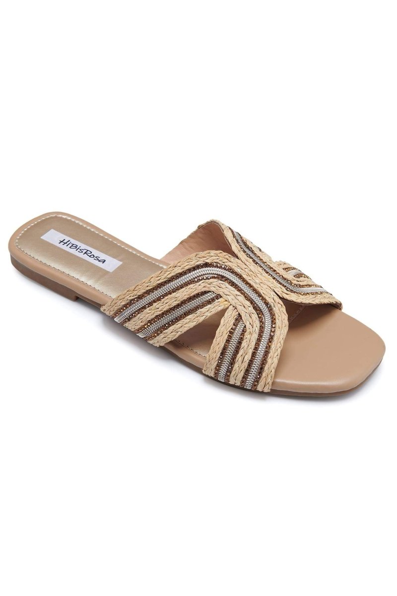 MULES SLIPPERS BEIGE COLOR STRAW WOVEN