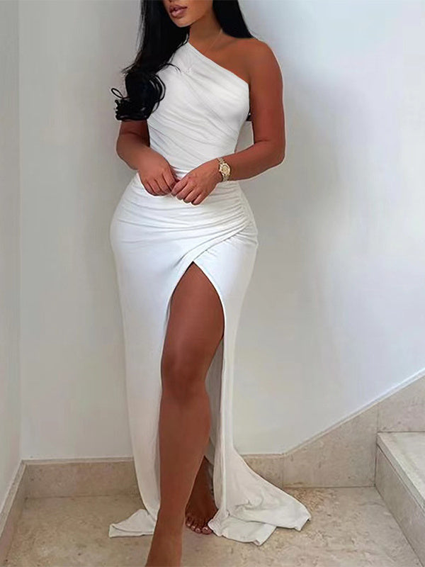 Solid Color High Slit Waist Dress