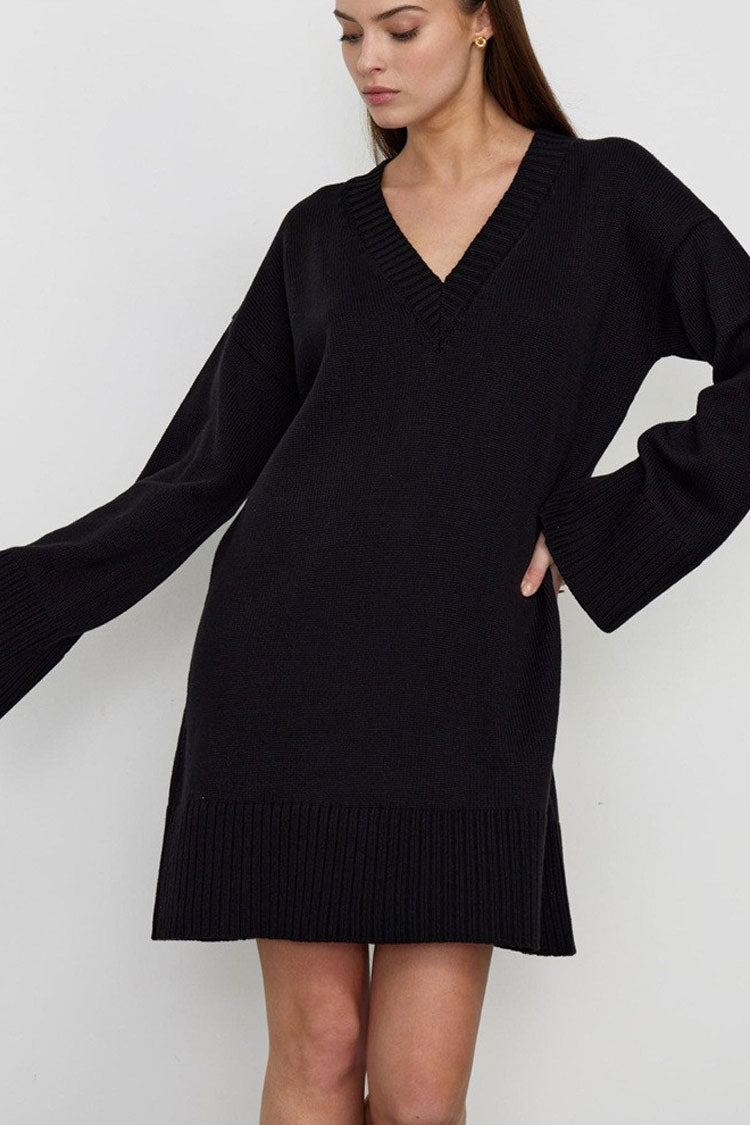 Deep V-Neck Oversized Ribbed Cuff Knit Sweater Mini Dress