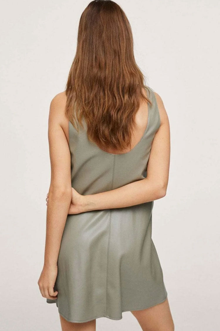 Scoop Neck Faux Leather Paneled A-Line Mini Dress