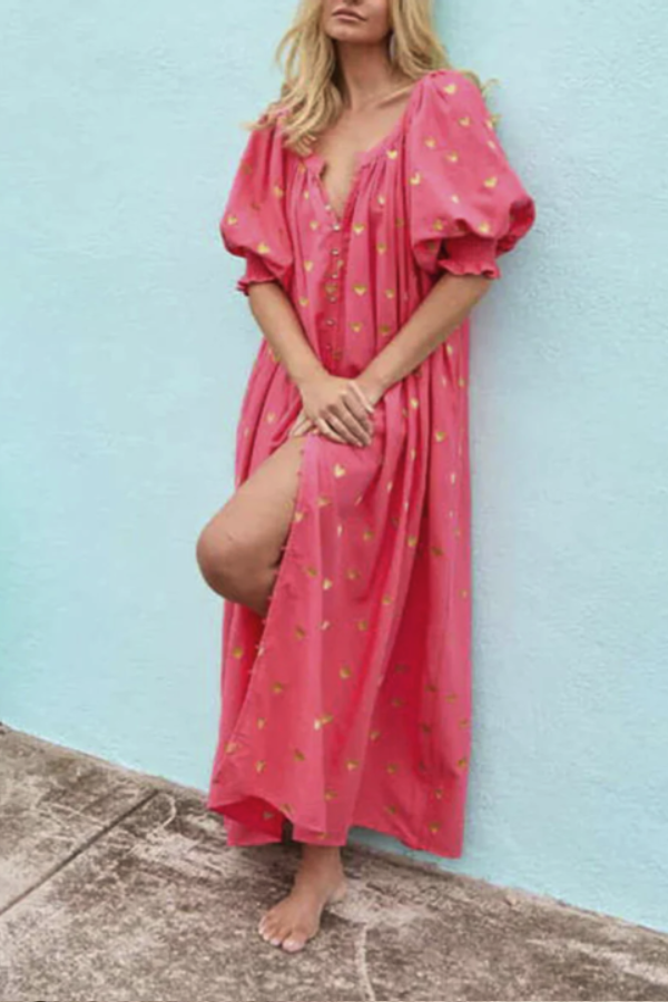 Summer Loose Printed Cardigan Short-sleeved Long Dress