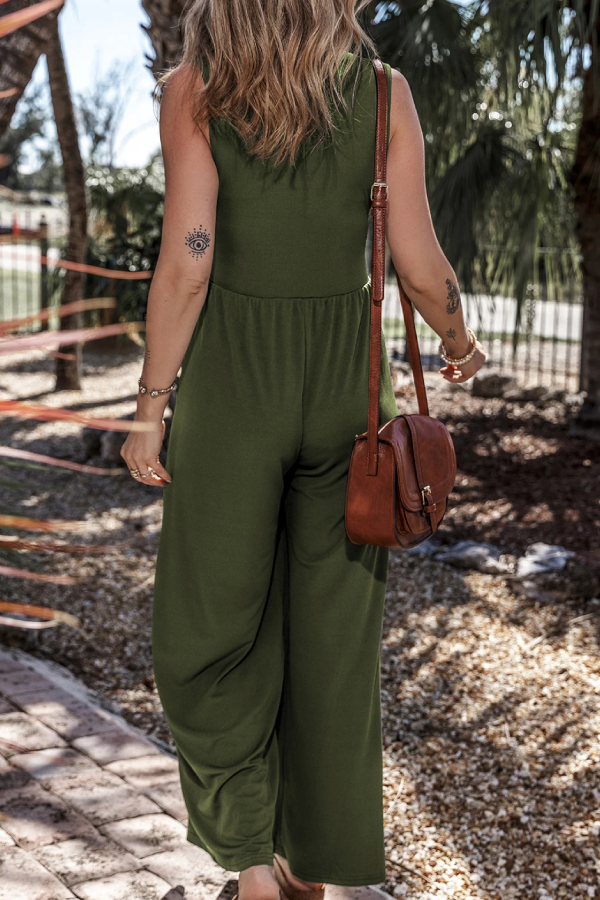 Moss Green Sleeveless V Neck Ruched Wide Leg Jumpsuit