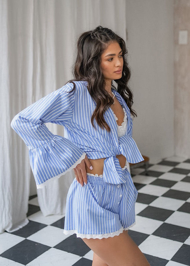 Blue Stripe 2-Piece Set – Long Sleeve Shirt & Lace-Trim Shorts
