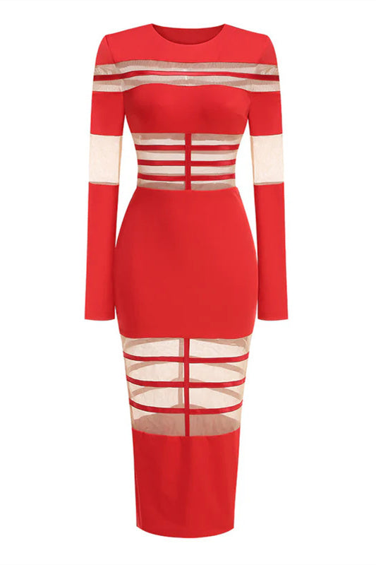 Kelly Long Sleeve Sheer Spliced Midi Dress