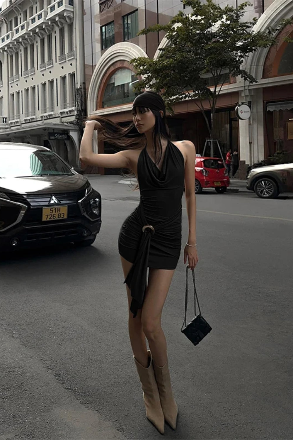 Vintage Pleated Brown A-Line Maxi Dress