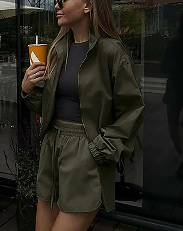 Green Zipper Drawstring Shorts Office Two Piece Set
