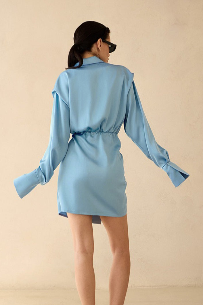 Collared Deep V-Neck Wrap Front Tie Waist Long Sleeve Satin Mini Dress
