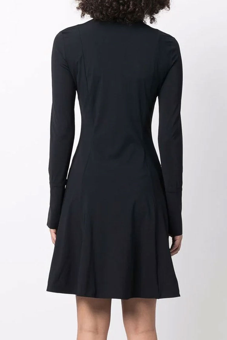 Pointed Collar Button Down Flared Cuff Princess Seam Fit and Flare Mini Shirt Dress