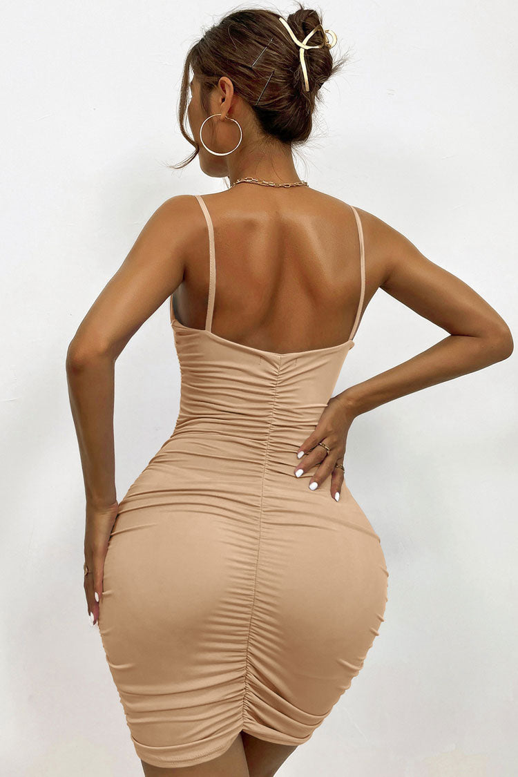 Deep V Surplice Spaghetti Strap Ruched Bodycon Mini Dress