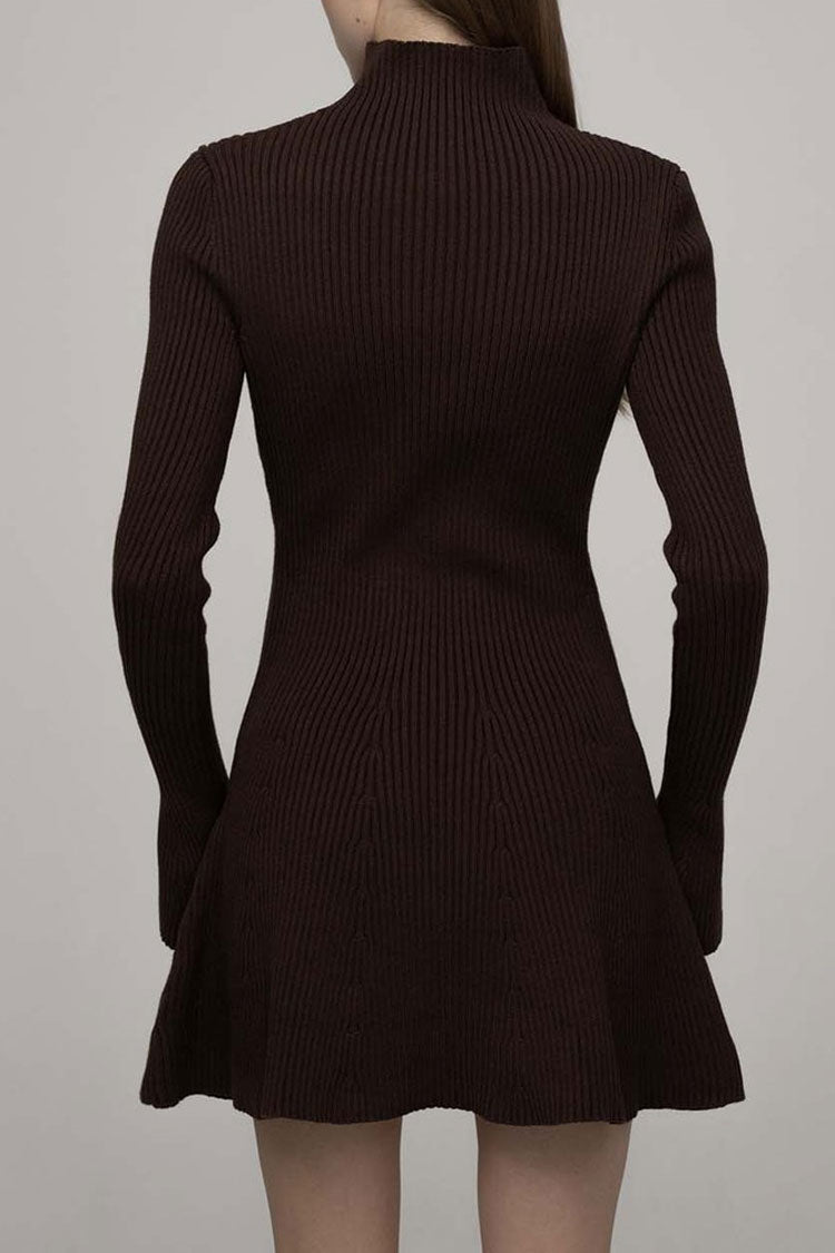Mock Neck Rib Knit Flared Cuff Belted A-Line Long Sleeve Mini Dress