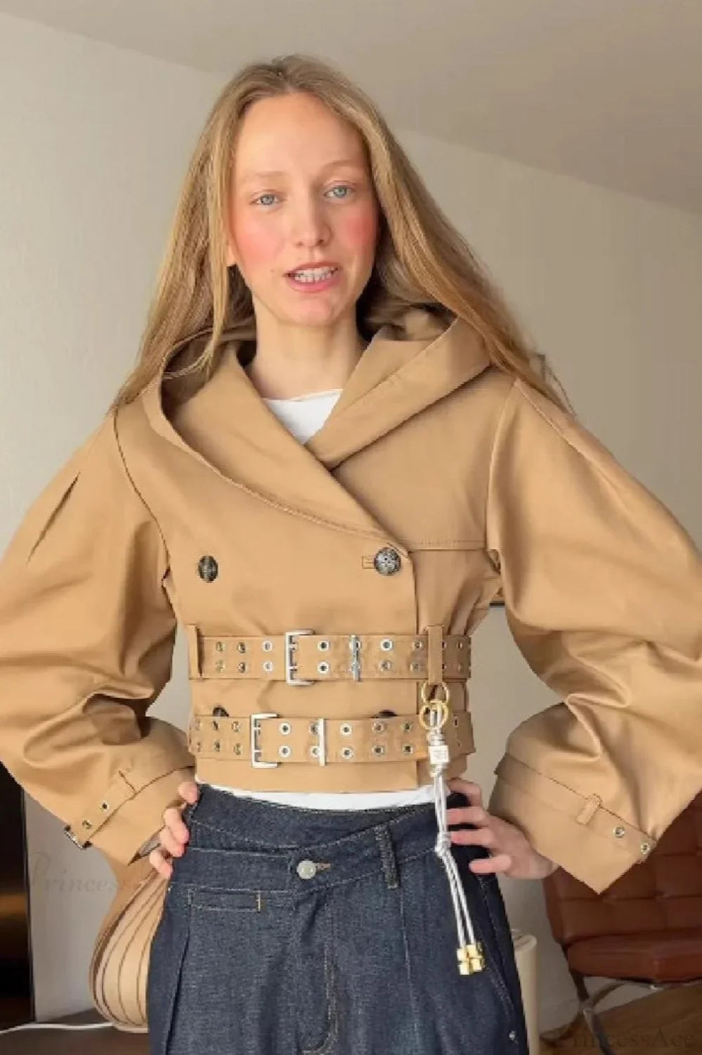 Chic Hooded Double Belted Cropped Coat