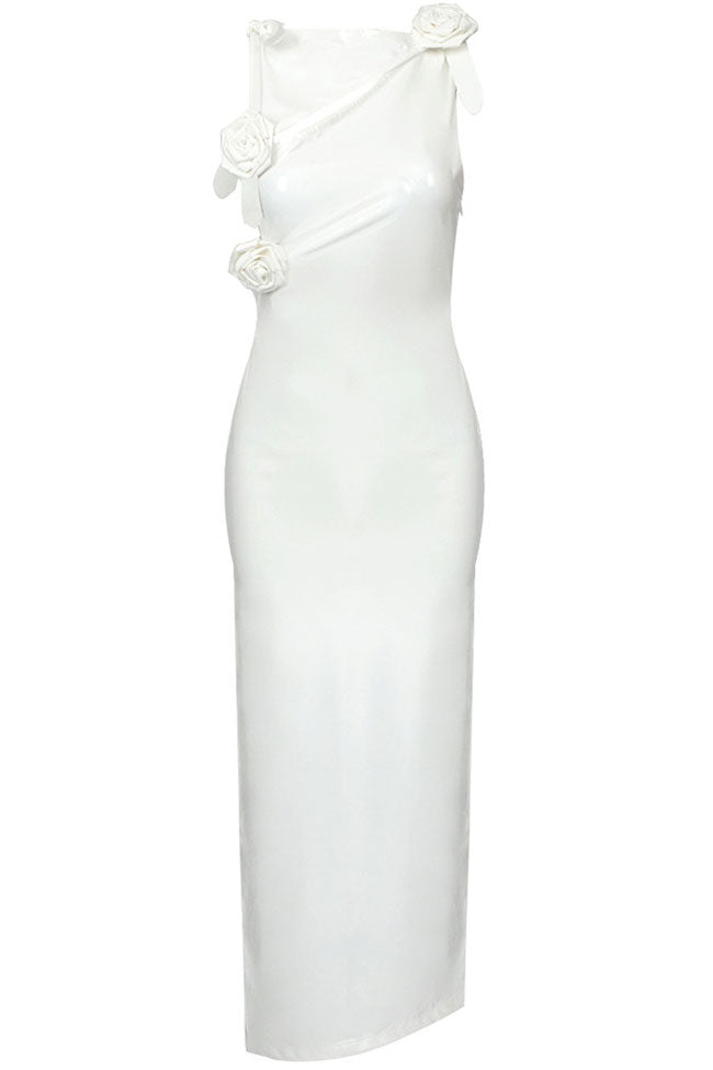 Rosette Applique Asymmetric Cutout Faux Leather Side Slit Midi Dress