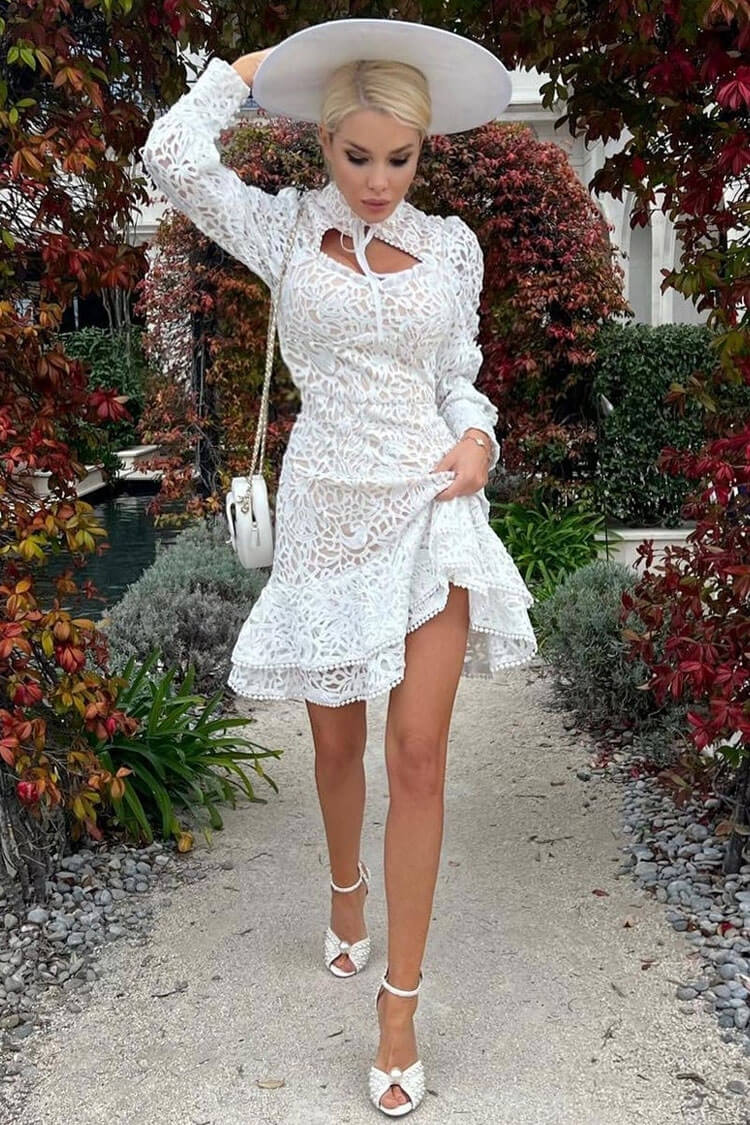 Mandarin Collar Puff Sleeve Crochet Lace Ruffle Tiered Mini Dress
