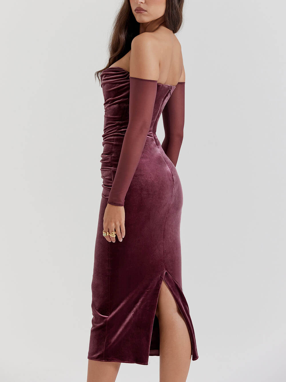 Velvet-Elegance Off-Shoulder Midi Dress