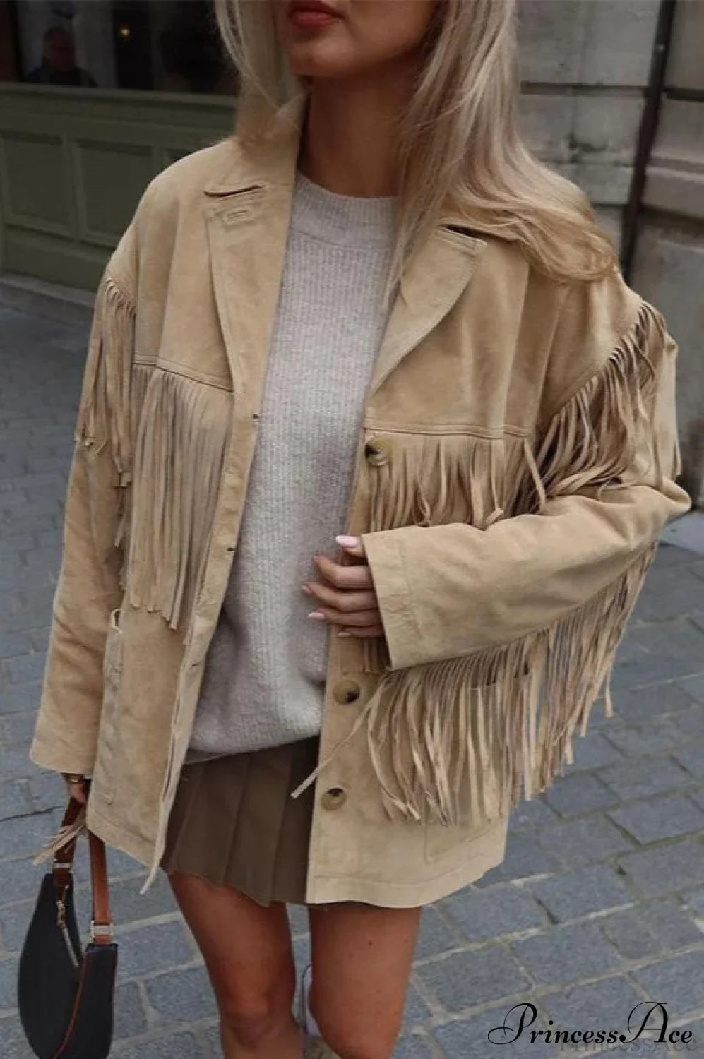 Collared Microsuede Tassel Long Sleeve Coat