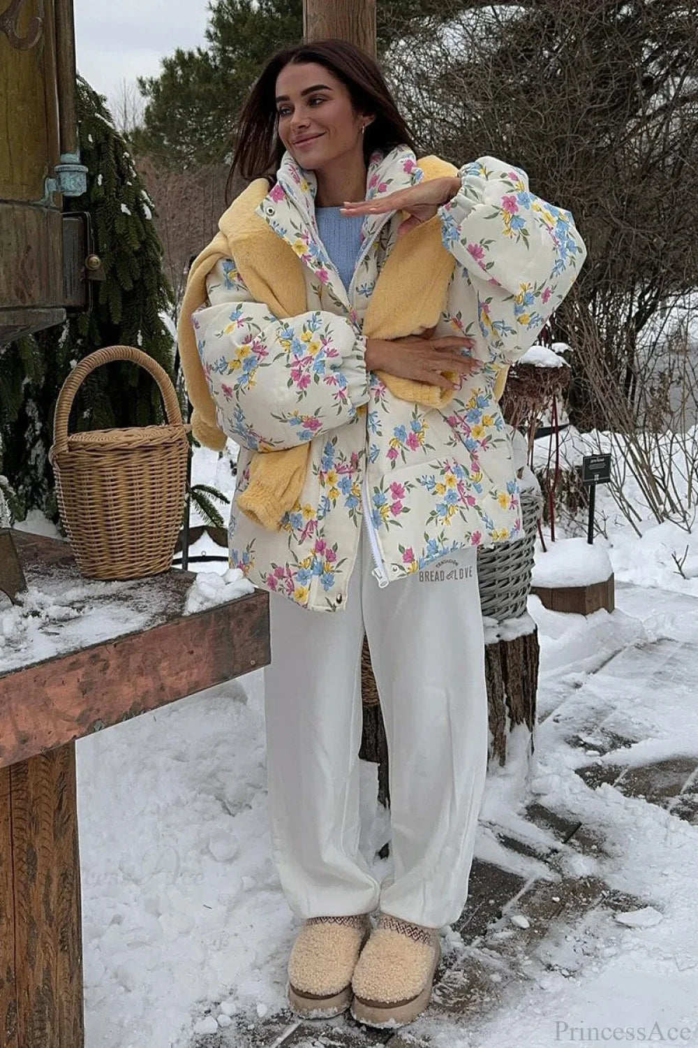 Colorful Print Stand Collar Zipper Cotton Blend Coat