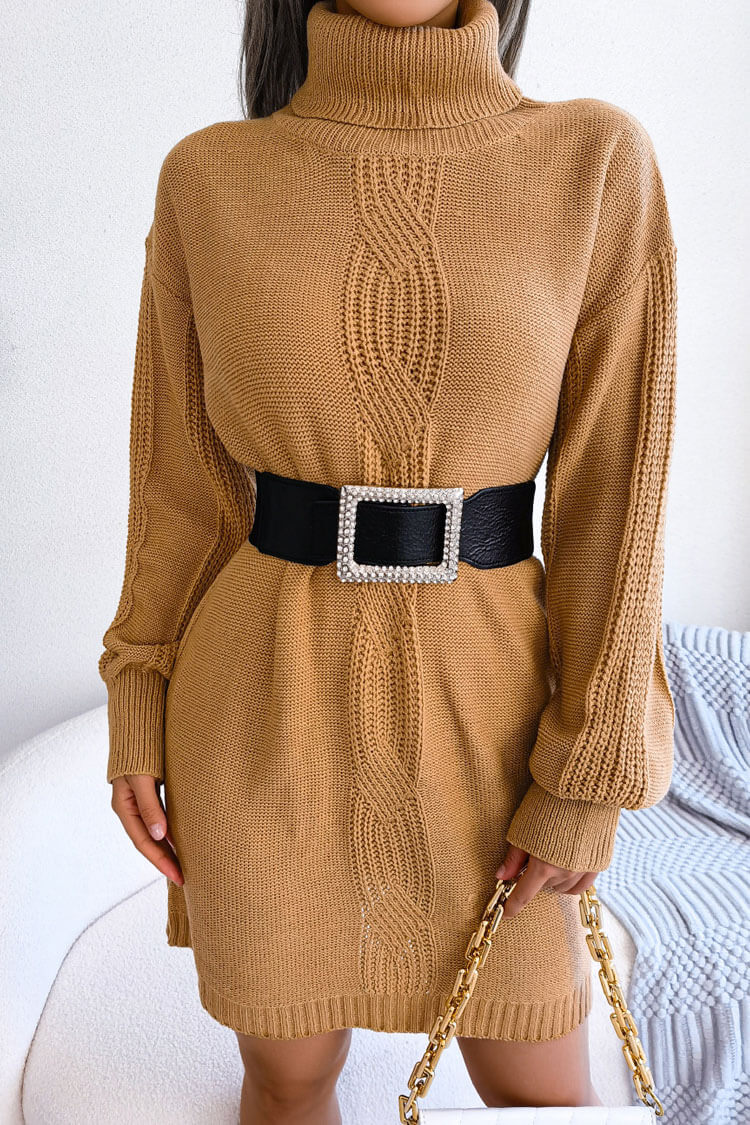 Turtleneck Cable Knit Drop Shoulder Rib Knit Mini Sweater Dress