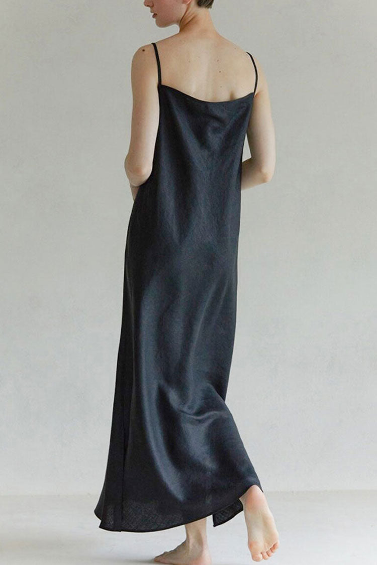 V-Neck Spaghetti Strap Linen Side Slit Column Maxi Sundress
