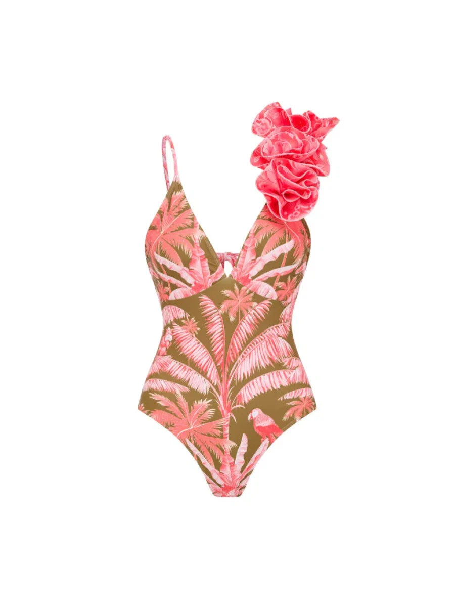3D Flower Strap Tropical Print Swimsuit & Skirt Coord Set
