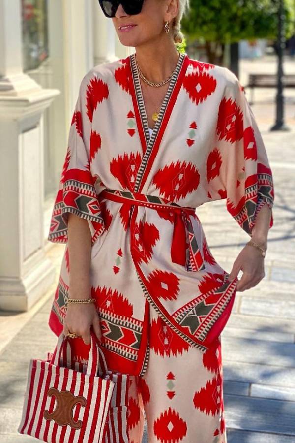 Pop of Red Ethnic Print Belted Kimono and Elastic Waist Pocket Cropped Pants Set