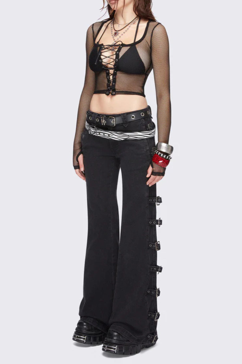 Y2K Buckle Detail Fitted Flare Jean