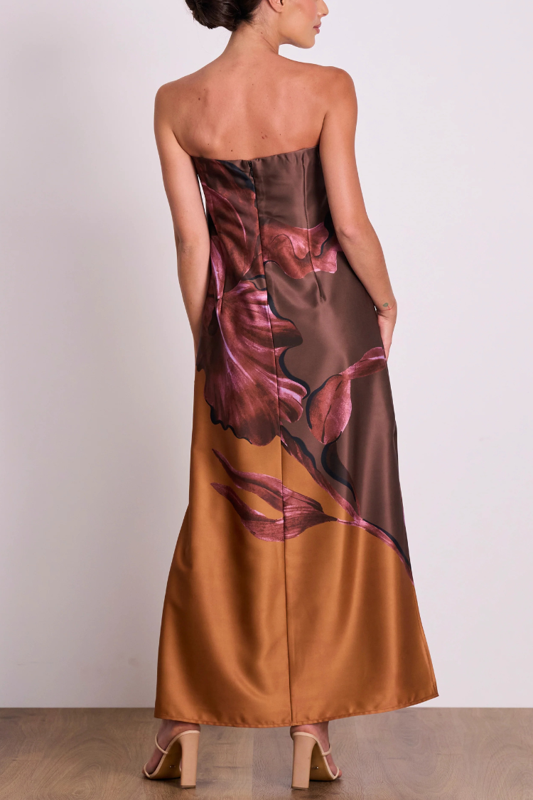 Drawing Inspiration Satin Floral Print Off Shoulder A-line Slit Maxi Dress