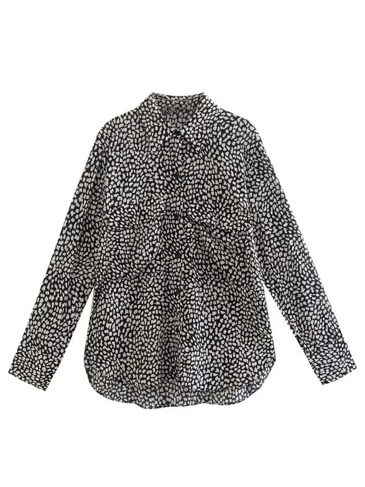 Black & White Satin Pockets Printed Shirt