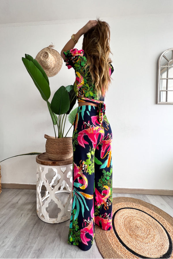 Floral Print V Neck Short Sleeves Crop Top Elastic Waist Wide Leg Pants Set