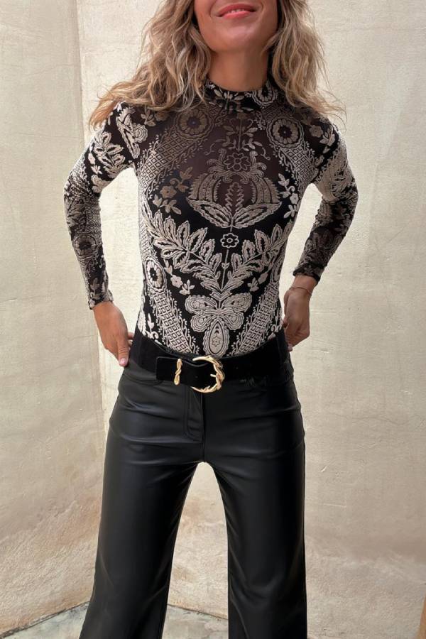 Antarey Velvet Mesh Unique Pattern Long Sleeve Stretch Bodysuit