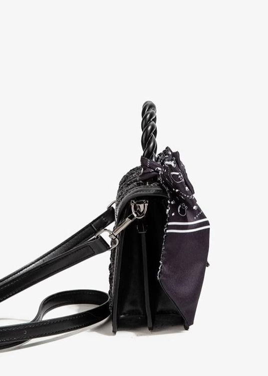 Aurelia Noir - Textured Faux Leather Mini Handbag with Printed Bow